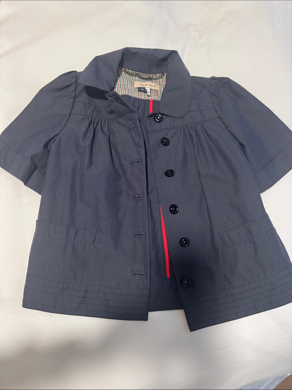 See By Chloe Navy Short-Sleeve Button Jacket with Red Trim